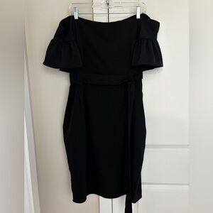 City Chic Black Off The Shoulder Midi Dress with Tie Belt, Flutter Sleeve, 14 XS